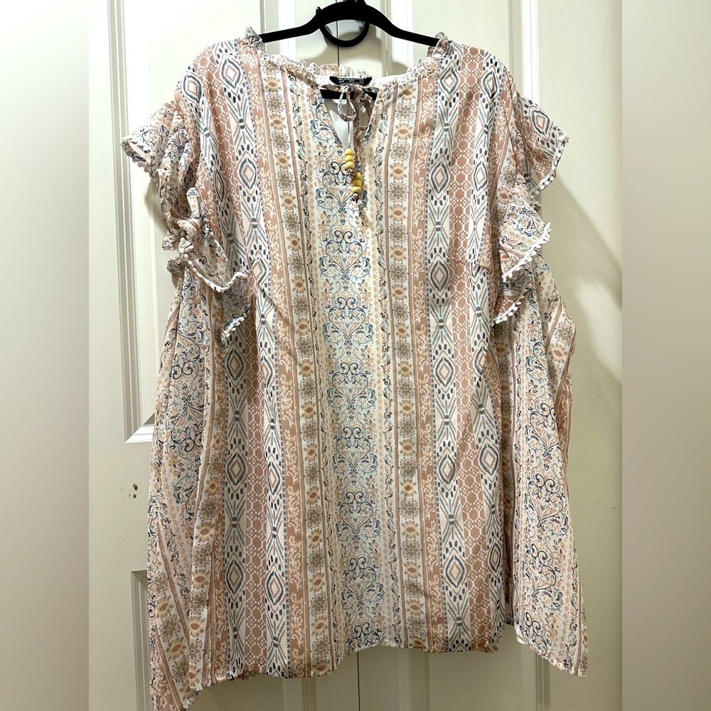 BloomChic Plus Size 6XL Tan and Pink Flutter Sleeve Blouse us30